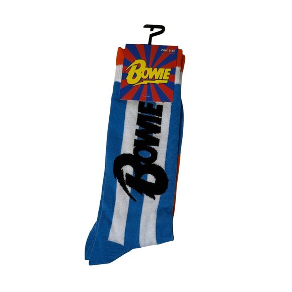 David Bowie Graphic Crew Socks Blue White Stripe Rock Band One Size NWT - Picture 1 of 3